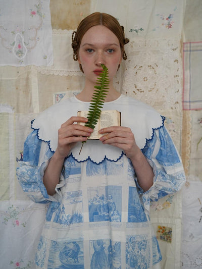 Unlogical Poem  Cape Collar Embroidery  Print and Puff Sleeves Blouse