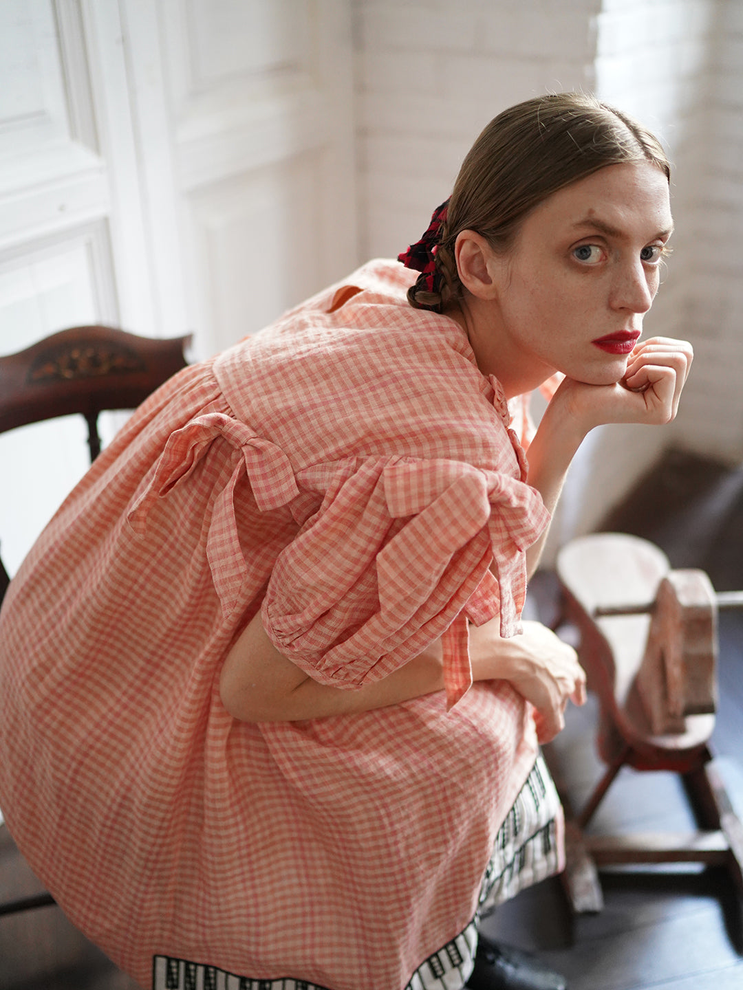 Unlogical Poem Handmade Yoyo Flower Bow Piano Embroidered Linen Bud Dress