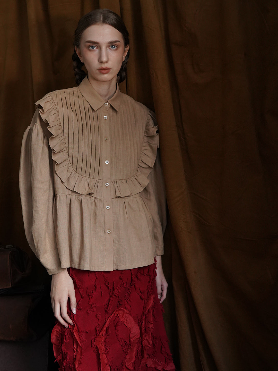 Unlogical Poem Victorian style Pleated Yellow/Red Ramie Shirt