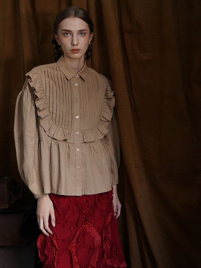 Unlogical Poem Victorian style Pleated Yellow/Red Ramie Shirt