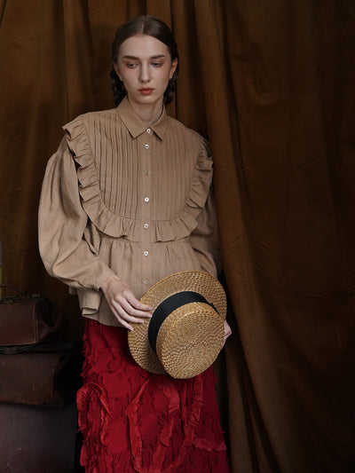 Unlogical Poem Victorian style Pleated Yellow/Red Ramie Shirt