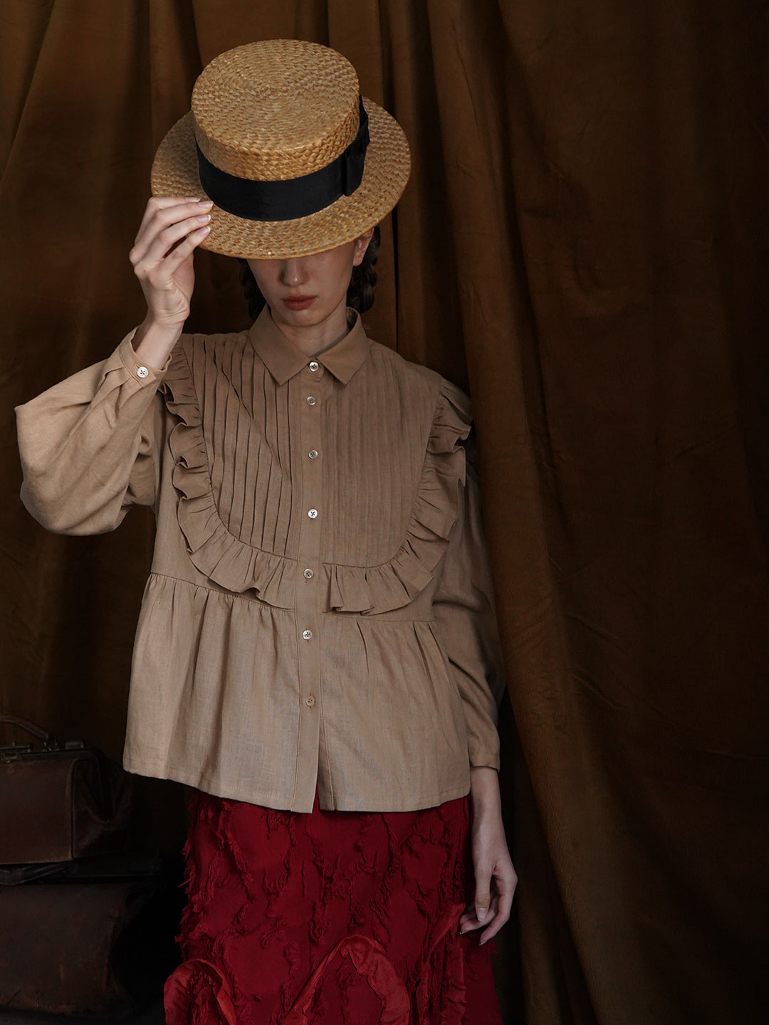 Unlogical Poem Victorian style Pleated Yellow/Red Ramie Shirt