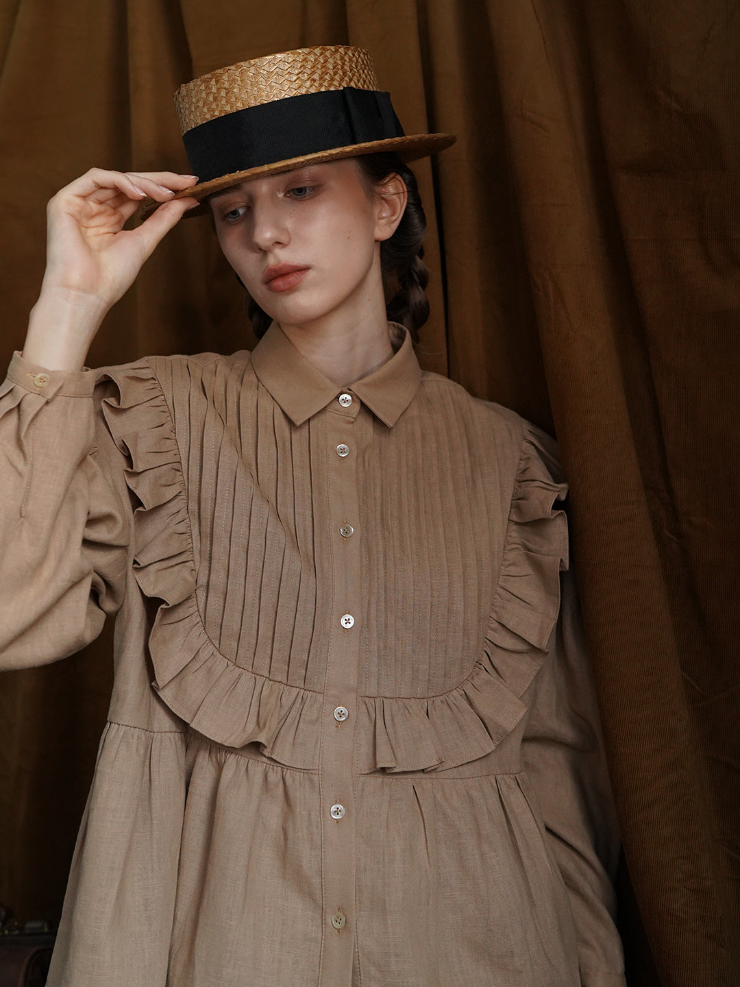 Unlogical Poem Victorian style Pleated Yellow/Red Ramie Shirt