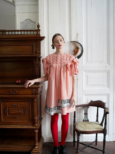 Unlogical Poem Handmade Yoyo Flower Bow Piano Embroidered Linen Bud Dress