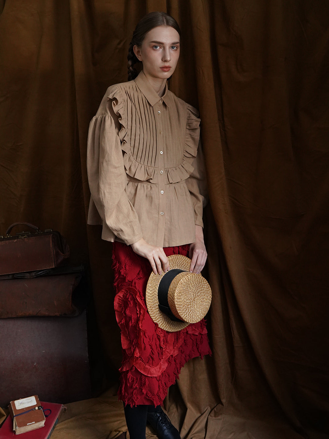 Unlogical Poem Victorian style Pleated Yellow/Red Ramie Shirt