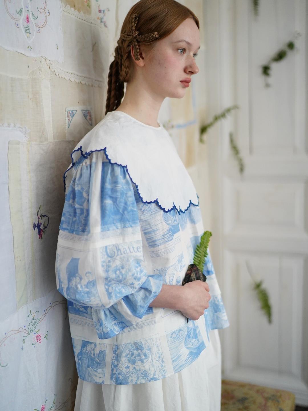Unlogical Poem  Cape Collar Embroidery  Print and Puff Sleeves Blouse