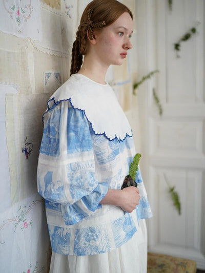 Unlogical Poem  Cape Collar Embroidery  Print and Puff Sleeves Blouse