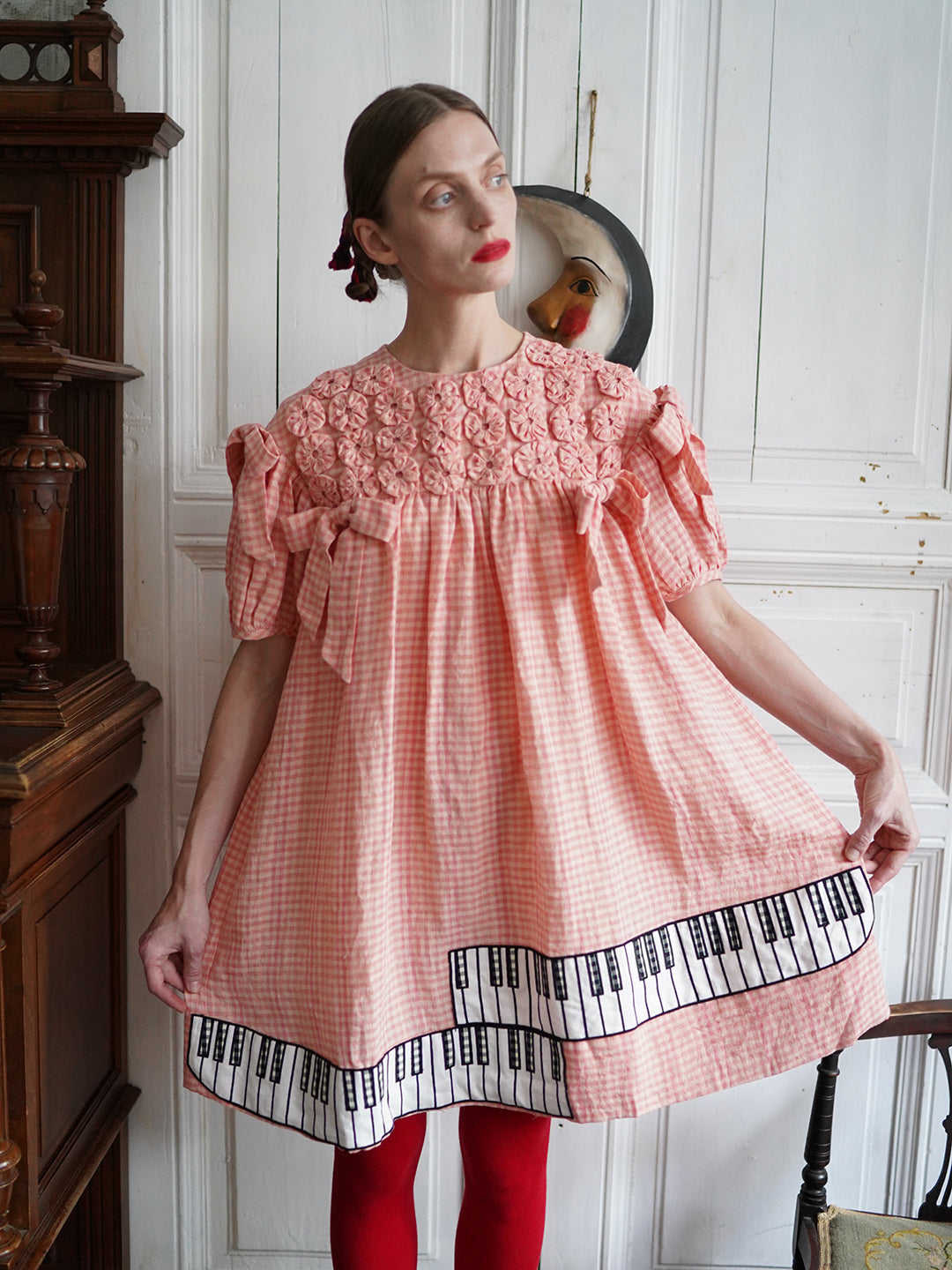 Unlogical Poem Handmade Yoyo Flower Bow Piano Embroidered Linen Bud Dress