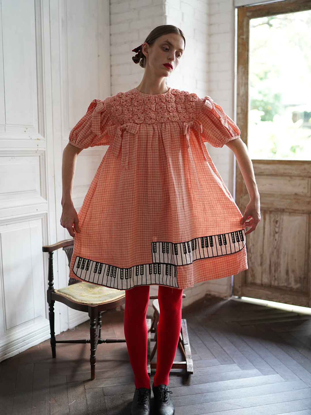 Unlogical Poem Handmade Yoyo Flower Bow Piano Embroidered Linen Bud Dress