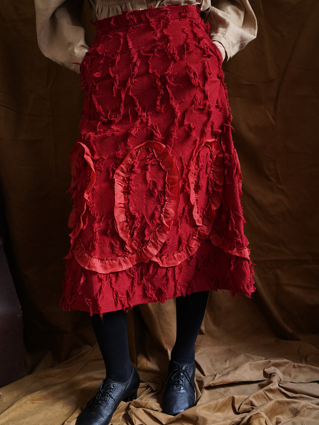 Unlogical Poem Jacquard Tassel Ruffle Lace Red Skirt