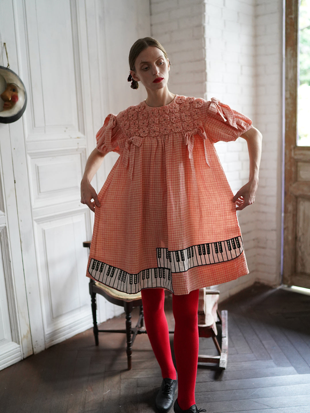 Unlogical Poem Handmade Yoyo Flower Bow Piano Embroidered Linen Bud Dress