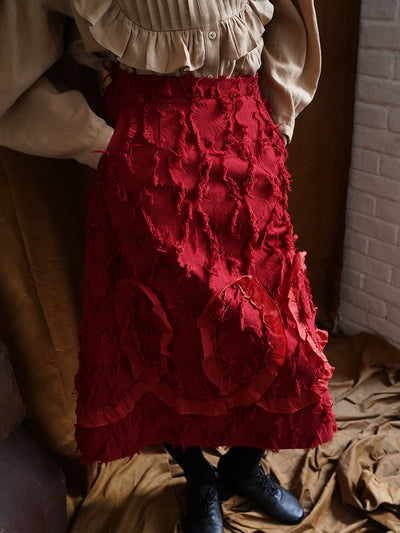 Unlogical Poem Jacquard Tassel Ruffle Lace Red Skirt