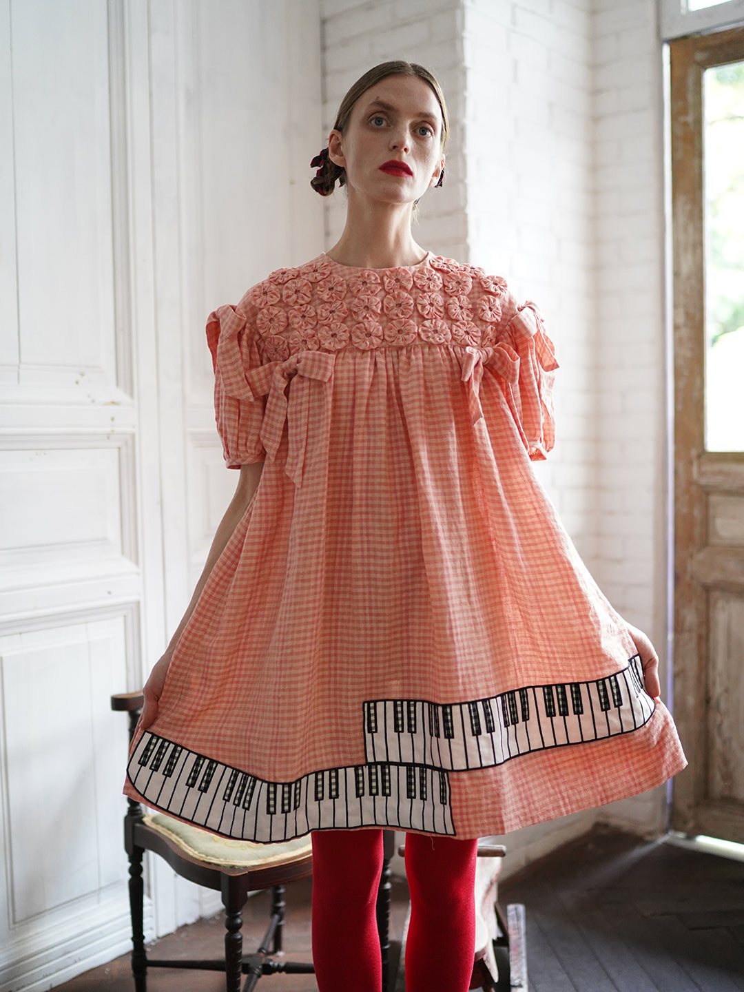 Unlogical Poem Handmade Yoyo Flower Bow Piano Embroidered Linen Bud Dress