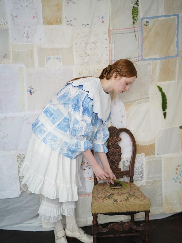Unlogical Poem  Cape Collar Embroidery  Print and Puff Sleeves Blouse