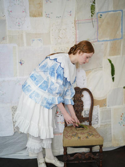 Unlogical Poem  Cape Collar Embroidery  Print and Puff Sleeves Blouse