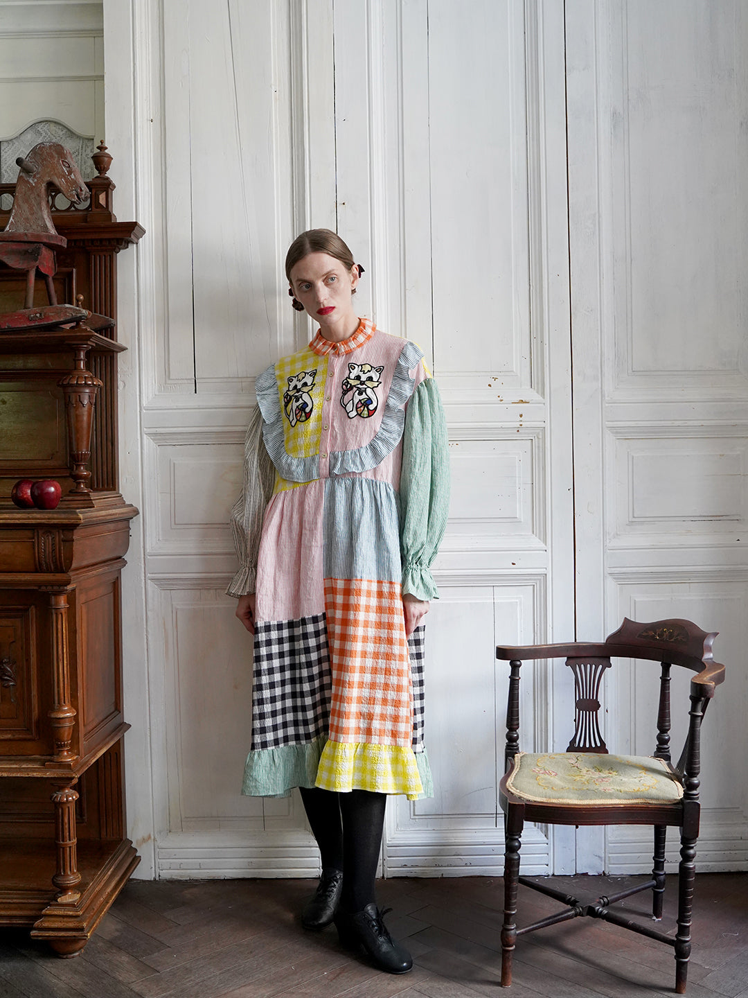Unlogical Poem Cat Embroidered Colorful Patchwork Cotton Dress L / Pre-order(ship after 4 weeks )