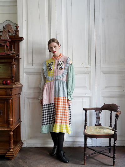 Unlogical Poem Cat Embroidered Colorful Patchwork Cotton Dress