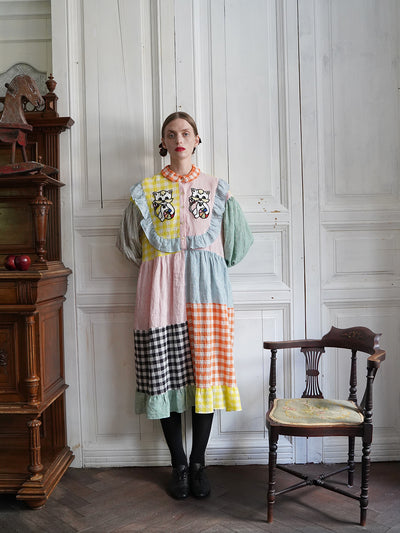Unlogical Poem Cat Embroidered Colorful Patchwork Cotton Dress