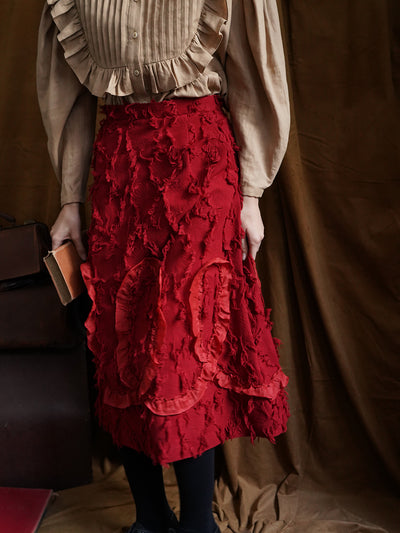 Unlogical Poem Jacquard Tassel Ruffle Lace Red Skirt