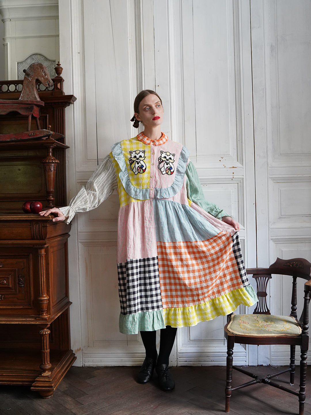 Unlogical Poem Cat Embroidered Colorful Patchwork Cotton Dress