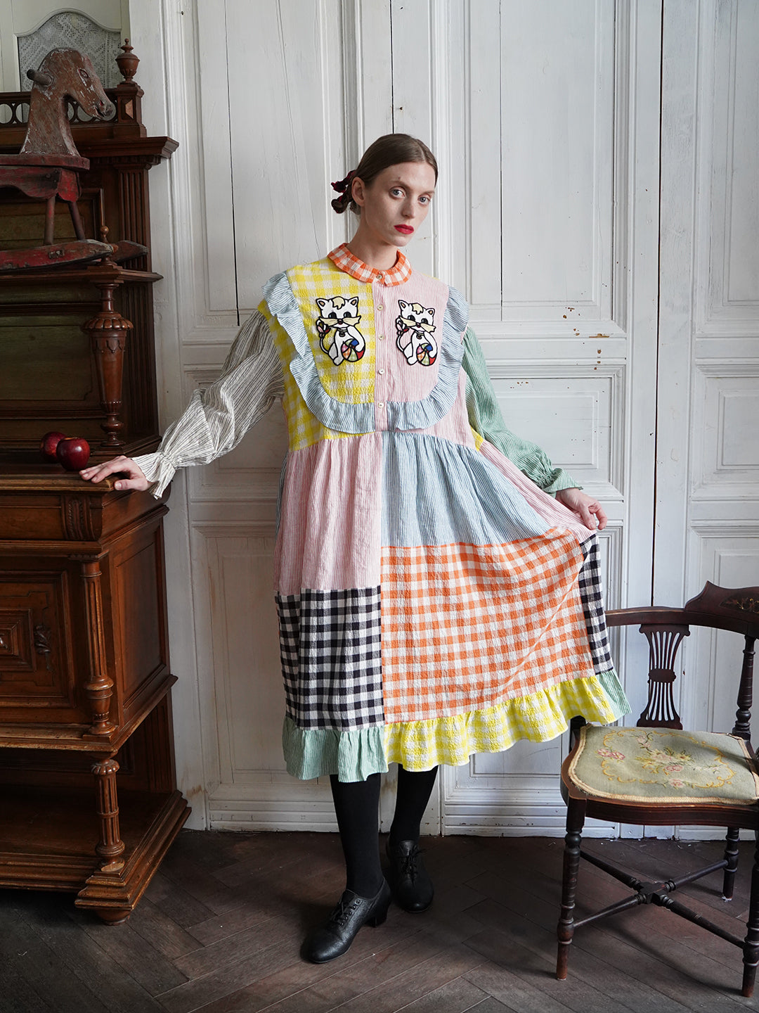 Unlogical Poem Cat Embroidered Colorful Patchwork Cotton Dress L / Pre-order(ship after 4 weeks )