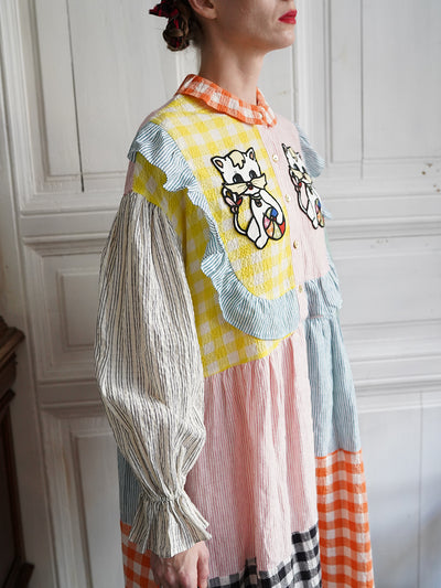 Unlogical Poem Cat Embroidered Colorful Patchwork Cotton Dress