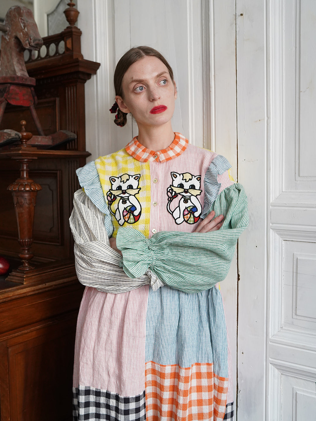 Unlogical Poem Cat Embroidered Colorful Patchwork Cotton Dress