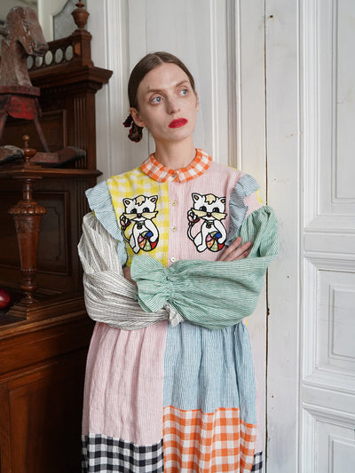 Unlogical Poem Cat Embroidered Colorful Patchwork Cotton Dress
