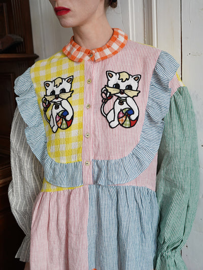 Unlogical Poem Cat Embroidered Colorful Patchwork Cotton Dress