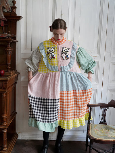 Unlogical Poem Cat Embroidered Colorful Patchwork Cotton Dress