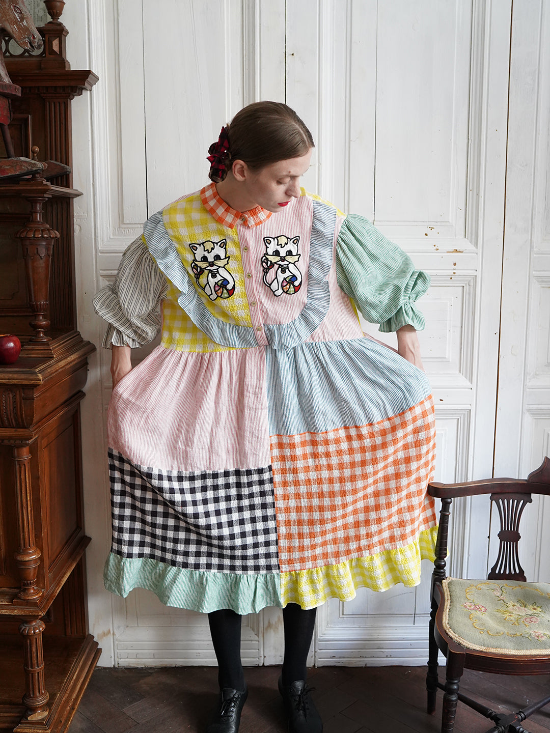 Unlogical Poem Cat Embroidered Colorful Patchwork Cotton Dress