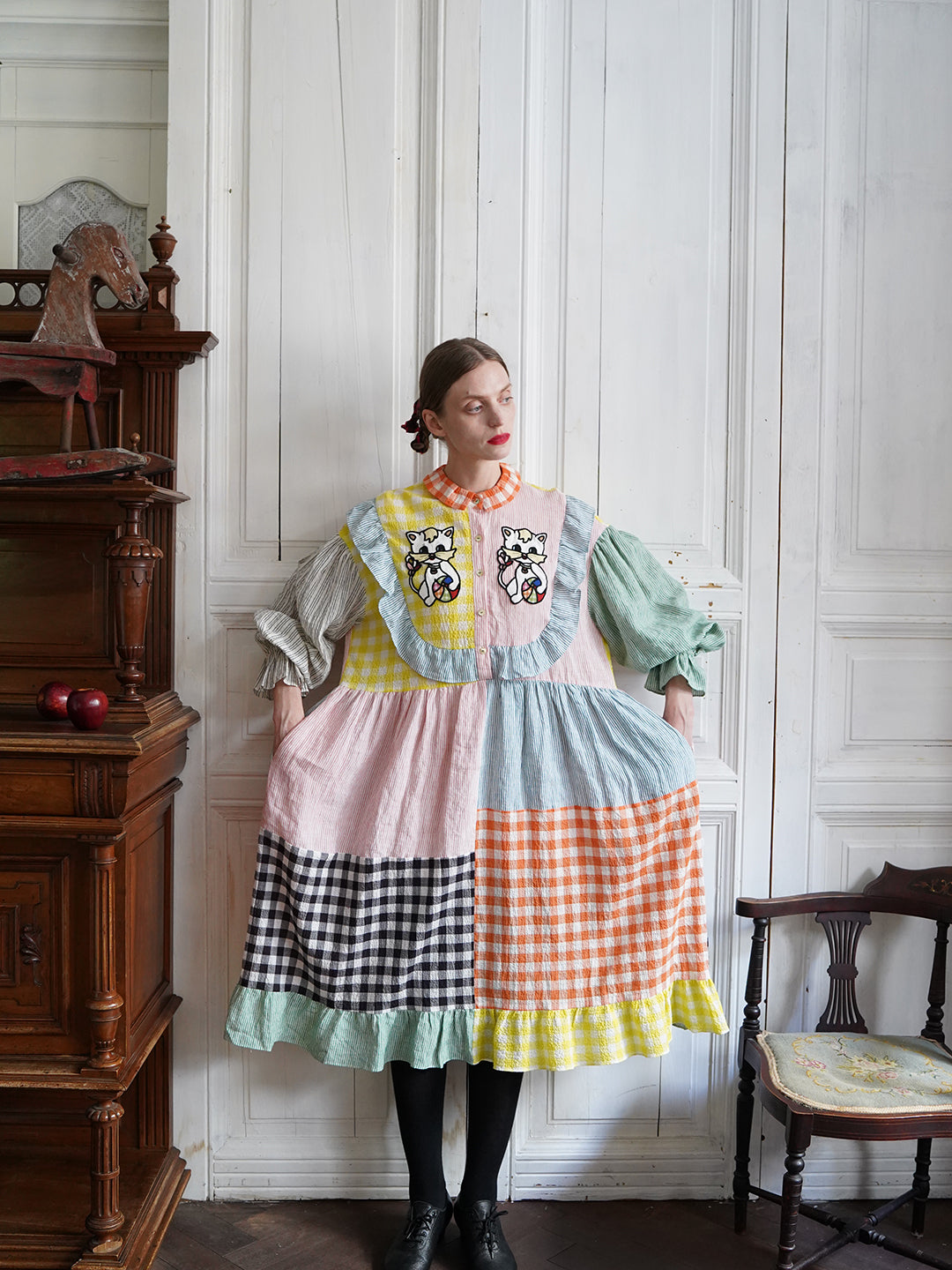 Unlogical Poem Cat Embroidered Colorful Patchwork Cotton Dress