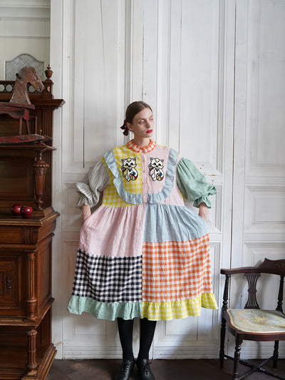Unlogical Poem Cat Embroidered Colorful Patchwork Cotton Dress