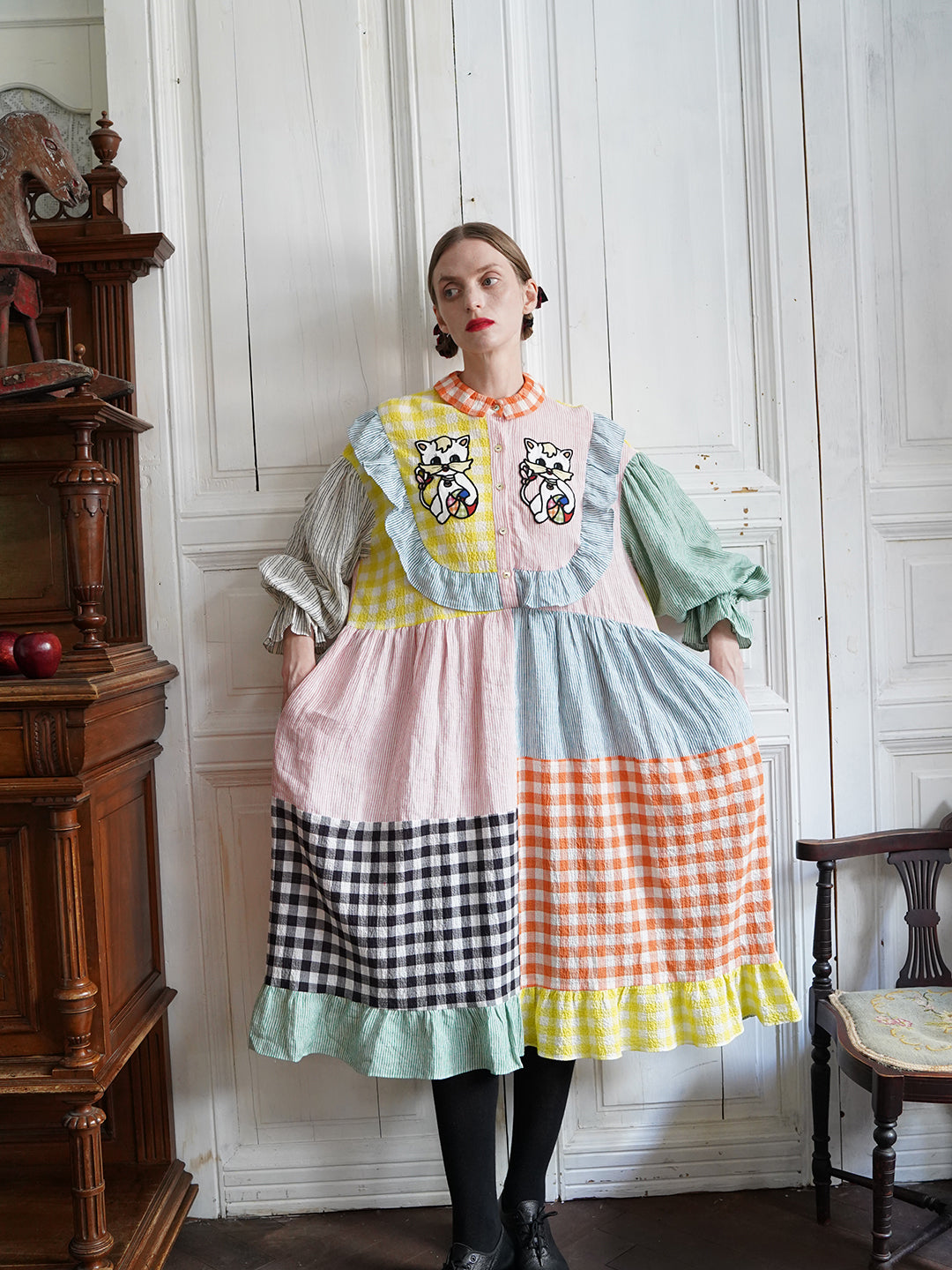 Unlogical Poem Cat Embroidered Colorful Patchwork Cotton Dress