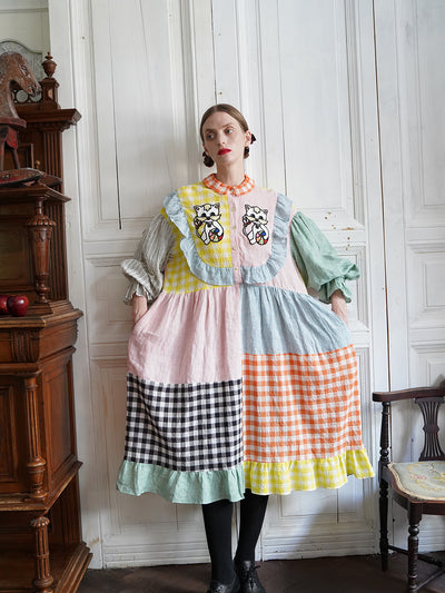Unlogical Poem Cat Embroidered Colorful Patchwork Cotton Dress