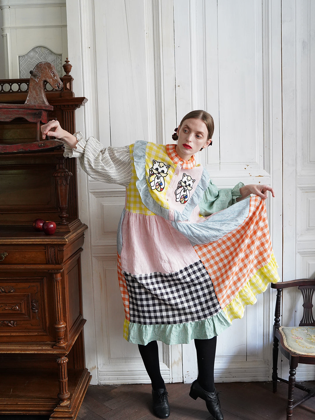 Unlogical Poem Cat Embroidered Colorful Patchwork Cotton Dress