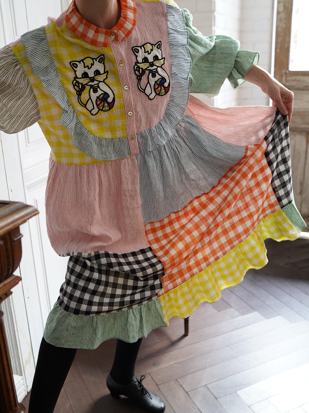 Unlogical Poem Cat Embroidered Colorful Patchwork Cotton Dress