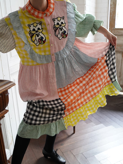 Unlogical Poem Cat Embroidered Colorful Patchwork Cotton Dress