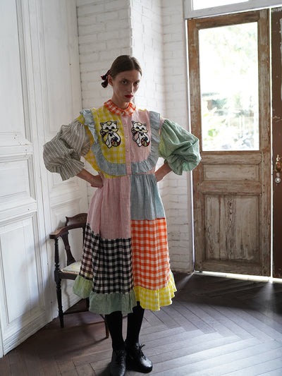 Unlogical Poem Cat Embroidered Colorful Patchwork Cotton Dress