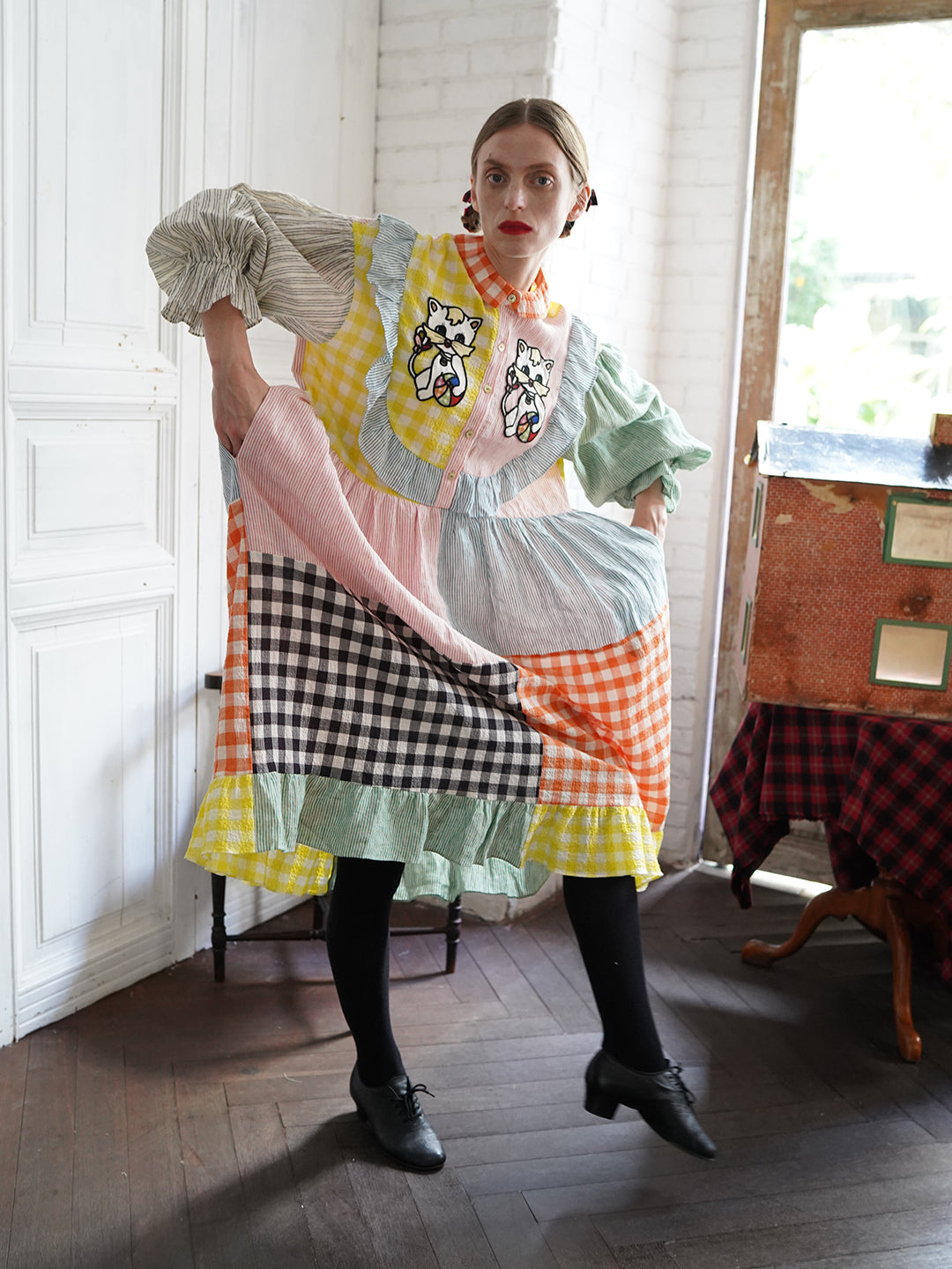 Unlogical Poem Cat Embroidered Colorful Patchwork Cotton Dress