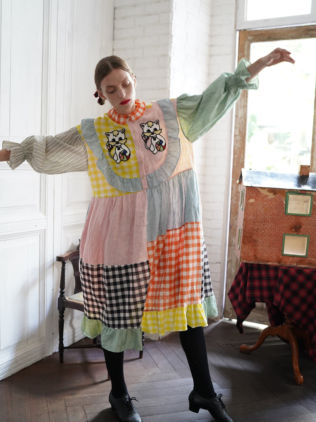 Unlogical Poem Cat Embroidered Colorful Patchwork Cotton Dress