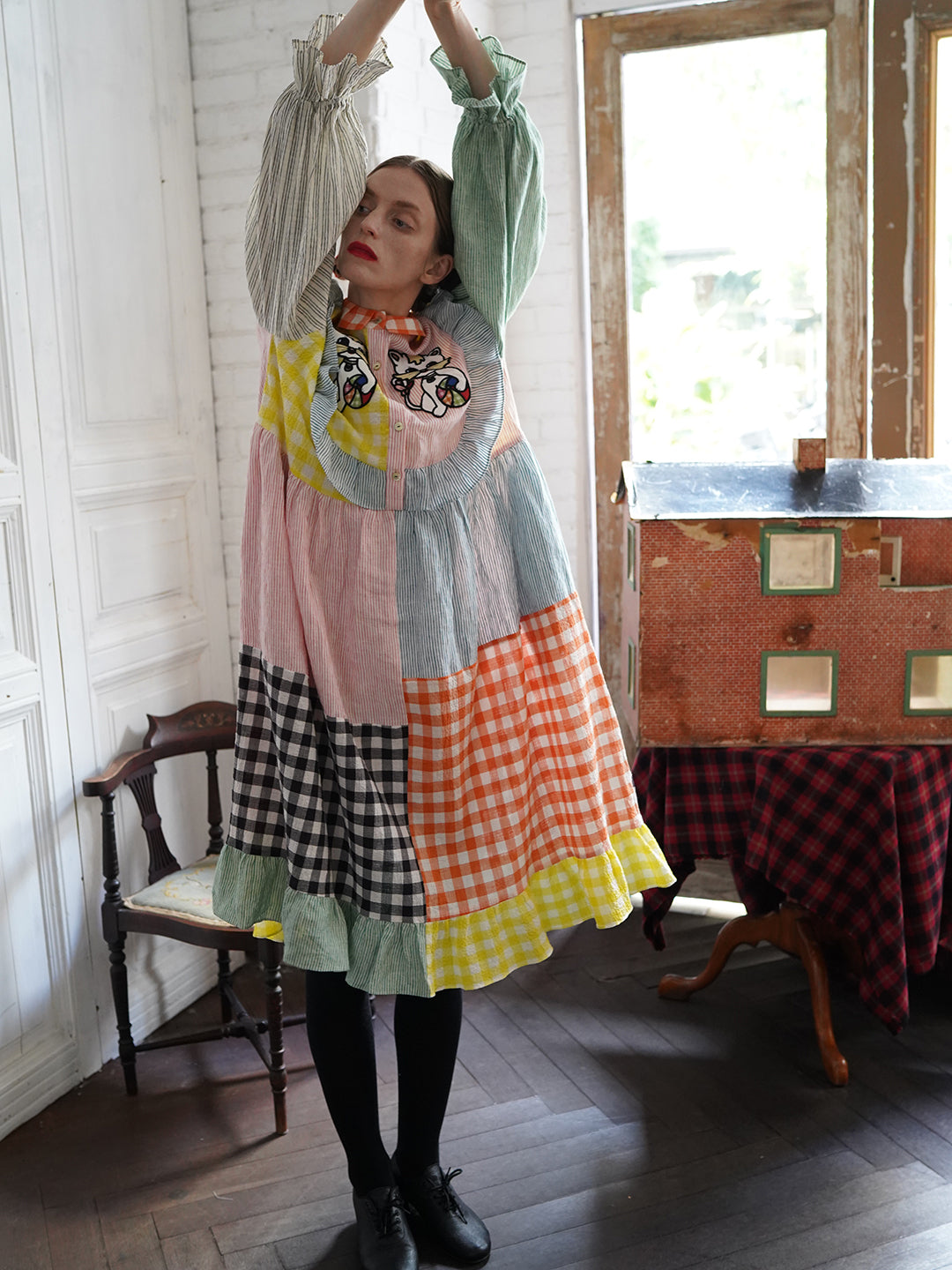 Unlogical Poem Cat Embroidered Colorful Patchwork Cotton Dress