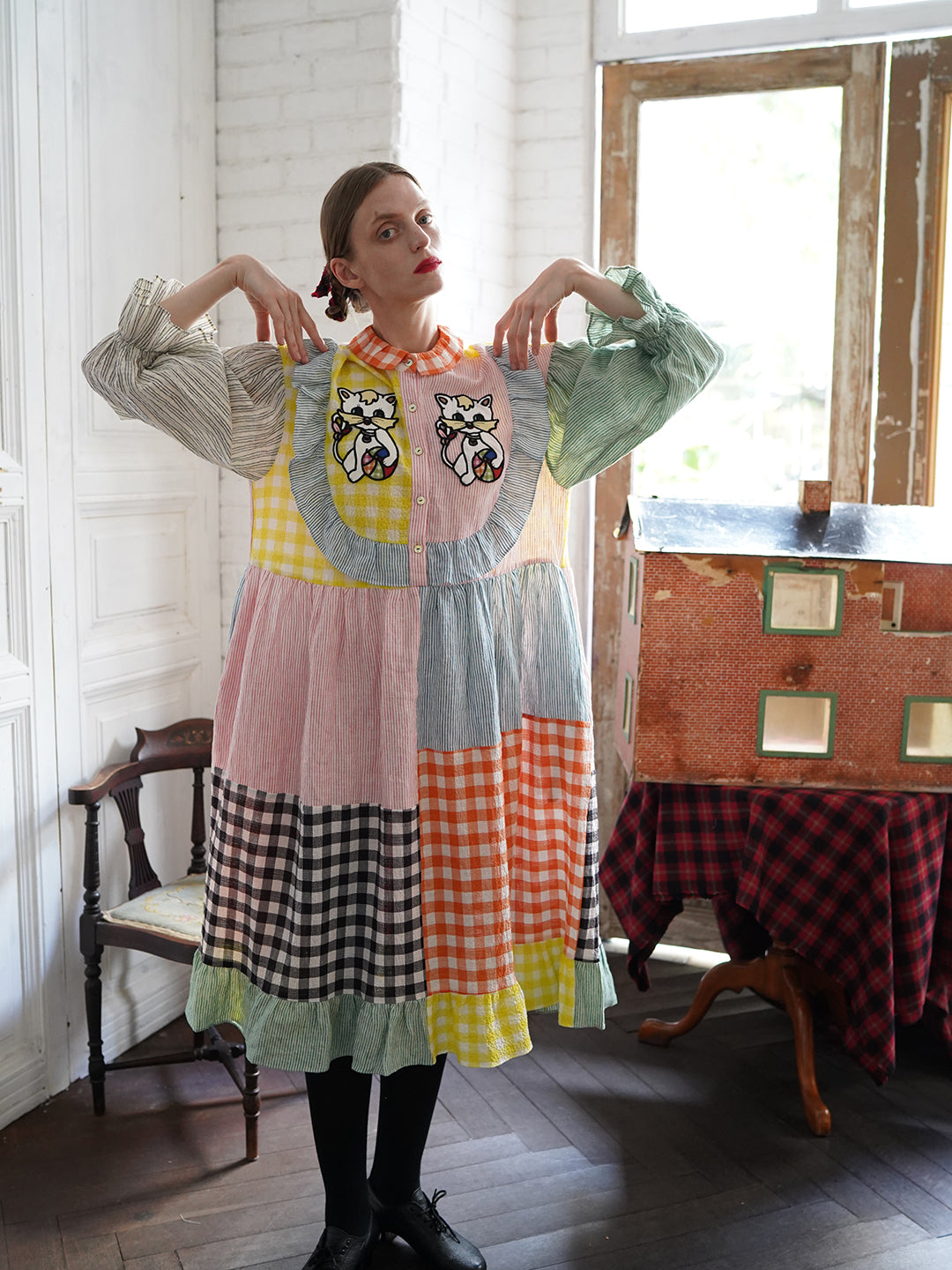 Unlogical Poem Cat Embroidered Colorful Patchwork Cotton Dress