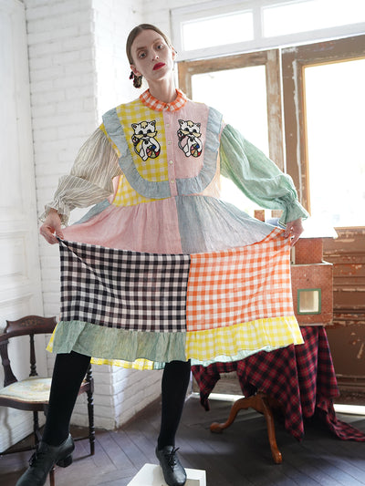 Unlogical Poem Cat Embroidered Colorful Patchwork Cotton Dress