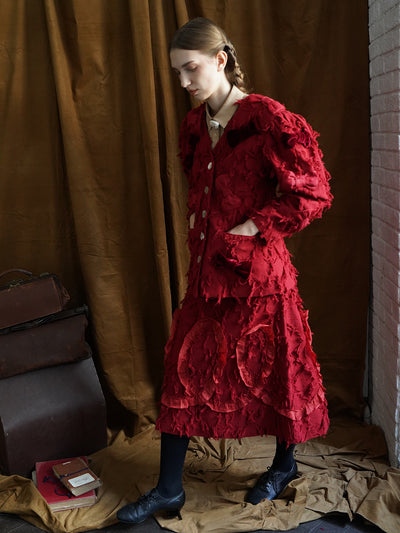 Unlogical Poem Jacquard Tassel V-Neck Red Blazer