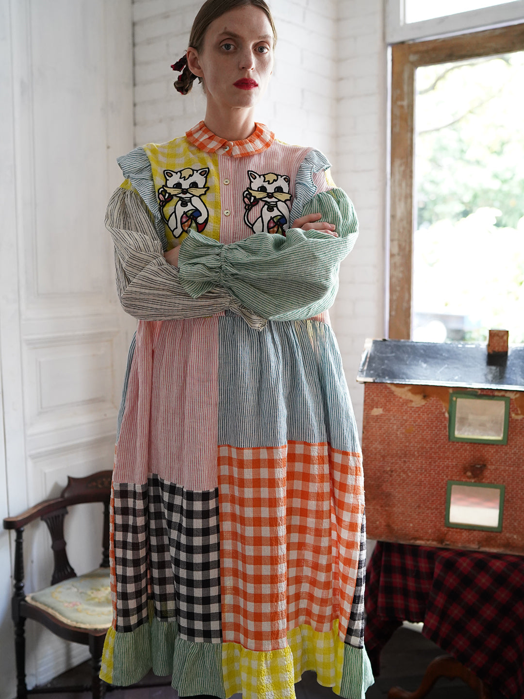 Unlogical Poem Cat Embroidered Colorful Patchwork Cotton Dress