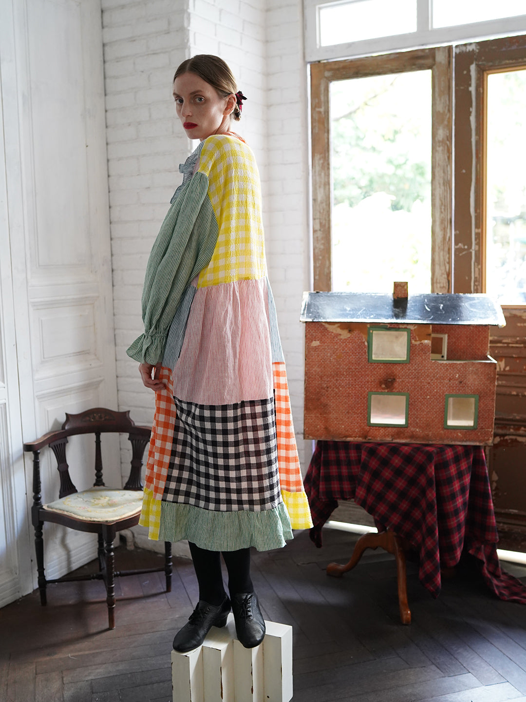 Unlogical Poem Colorful Vertical Striped and Gingham Patchwork Cotton Dress