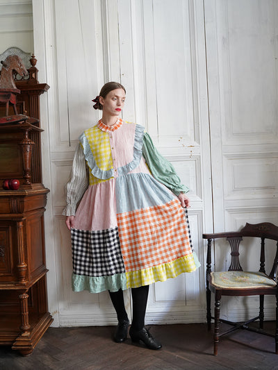 Unlogical Poem Colorful Vertical Striped and Gingham Patchwork Cotton Dress