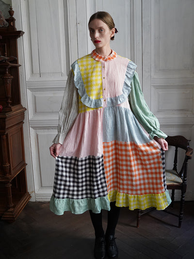 Unlogical Poem Colorful Vertical Striped and Gingham Patchwork Cotton Dress