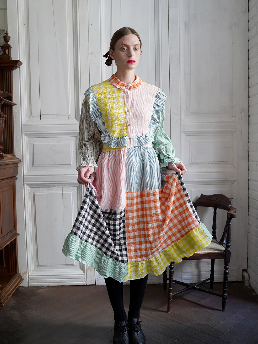 Unlogical Poem Colorful Vertical Striped and Gingham Patchwork Cotton Dress